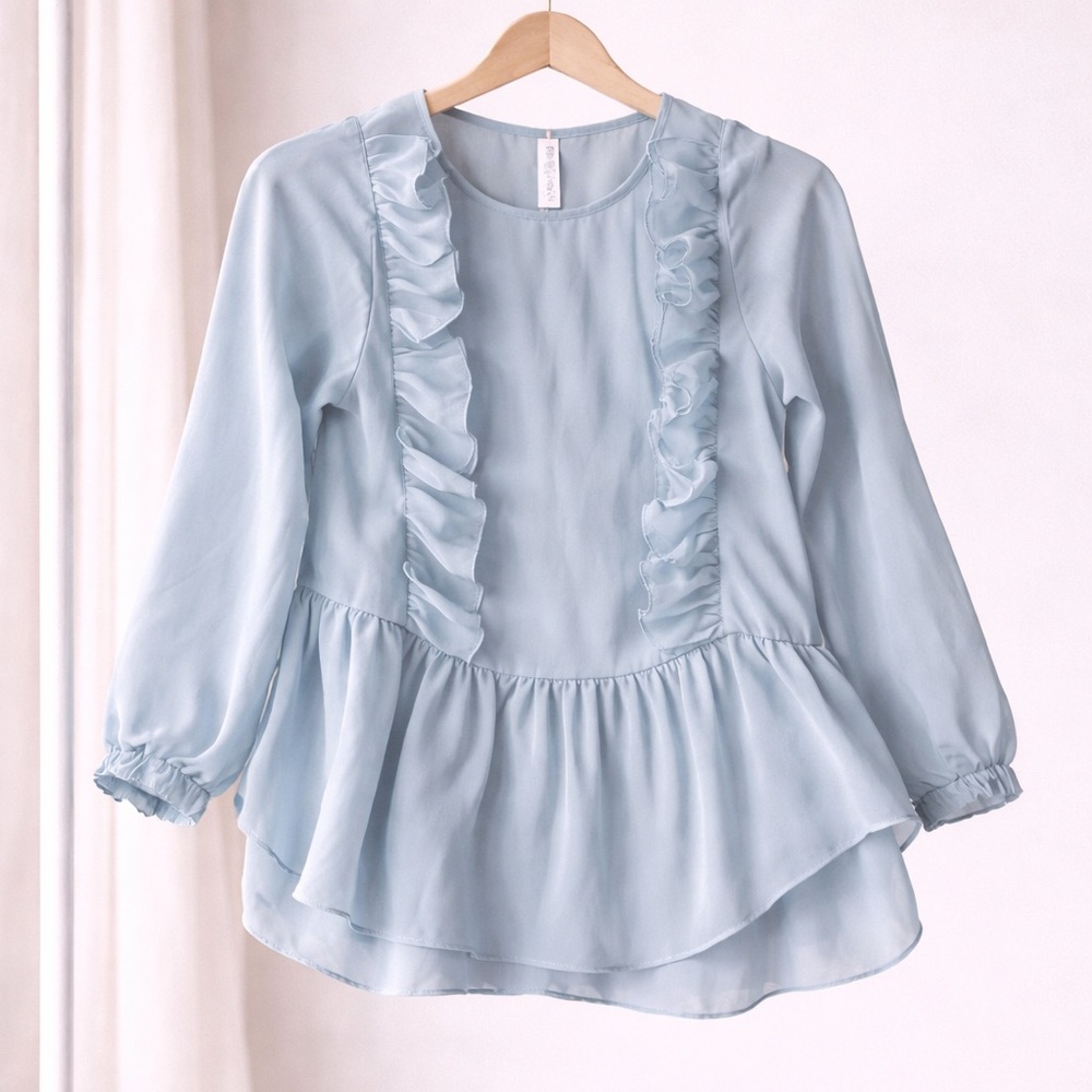 H&M Light Blue Ruffle Long Sleeve Blouse